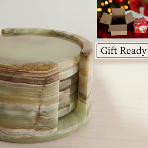Onyx Coaster Set with Holder | Natural Stone Coasters | Marble Drink Coasters - Picture 1 of 12